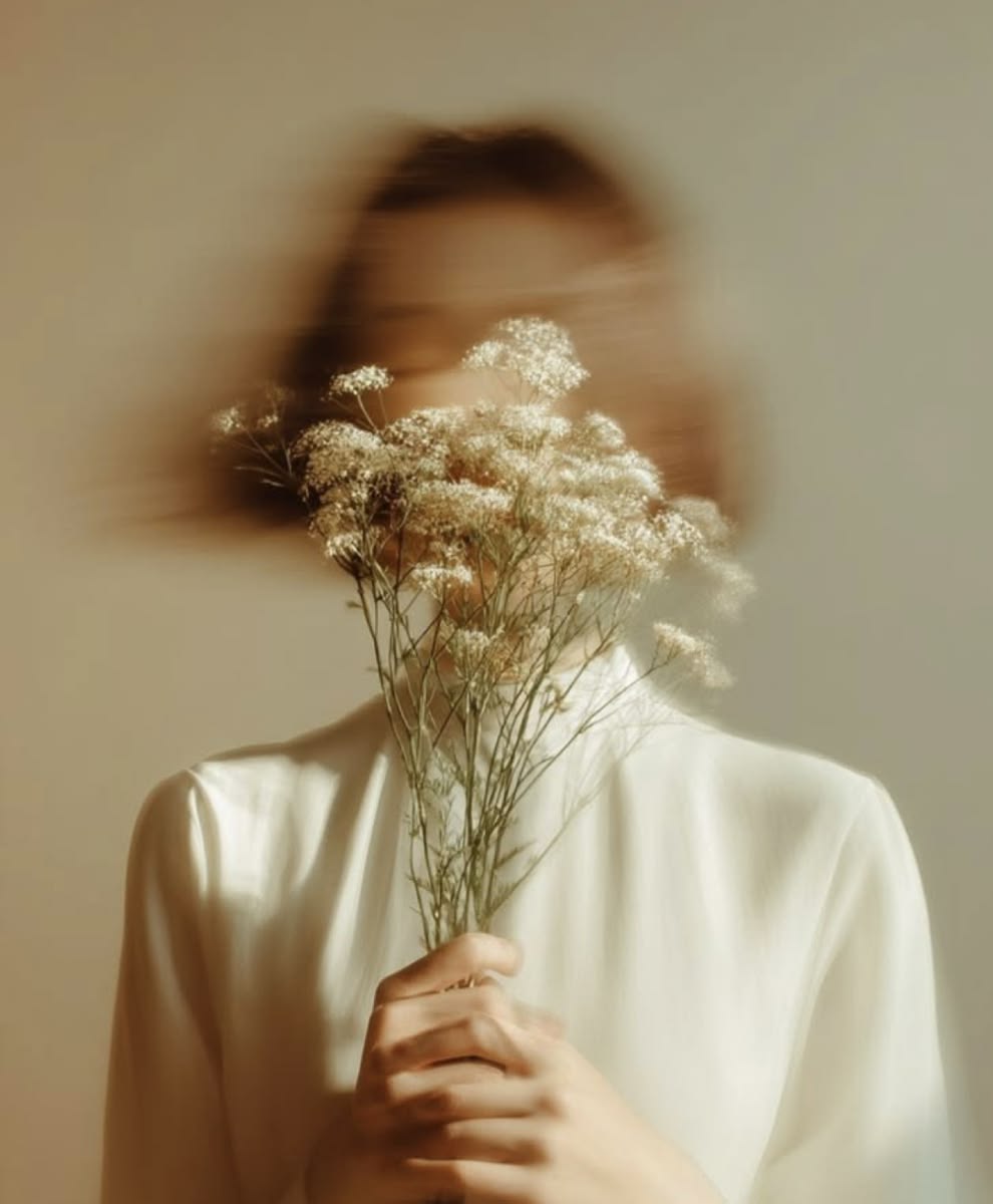Immagine simbolica: una persona tiene fiori chiari davanti a sé