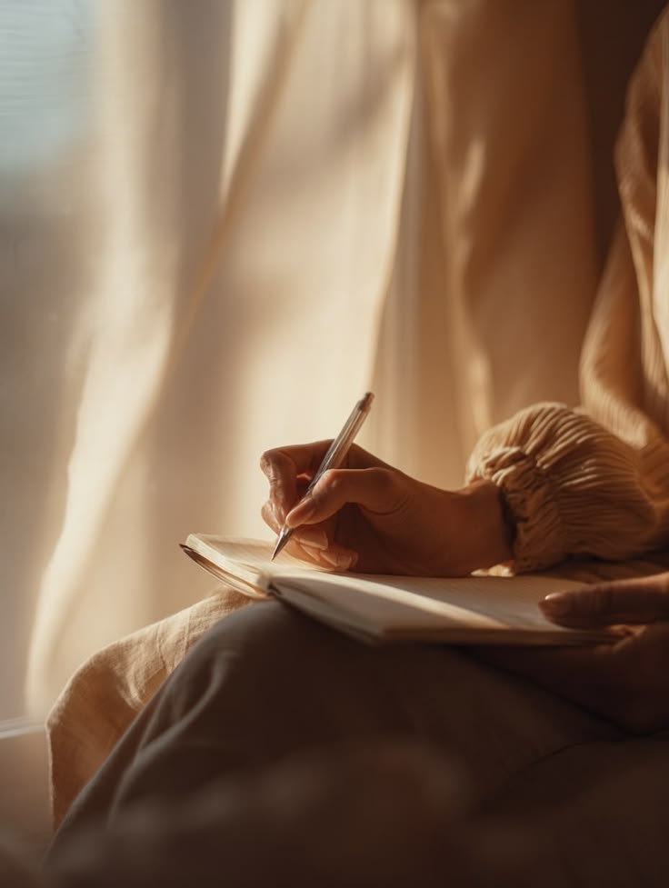 Una mano scrive su un quaderno nella luce calda